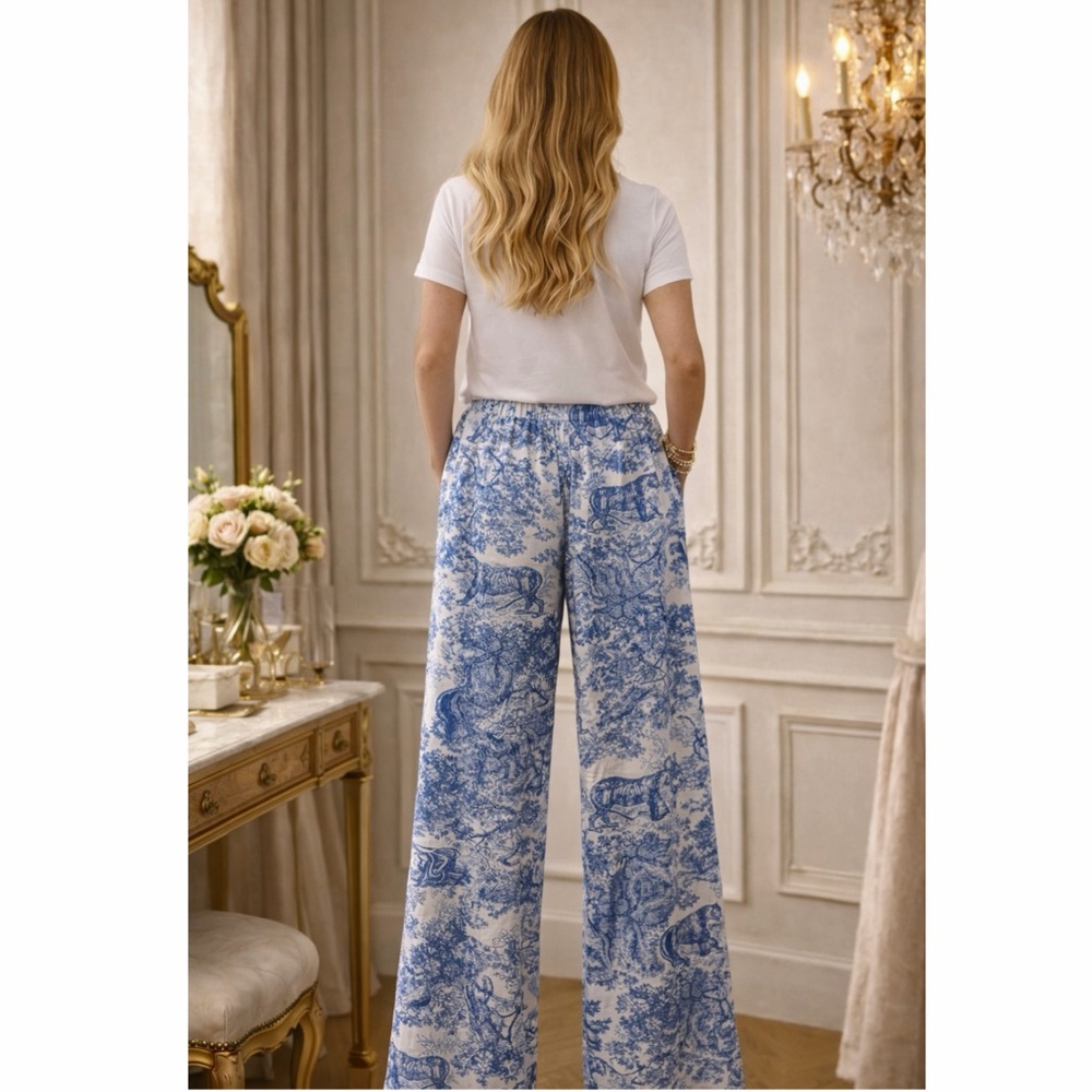 Sunday Up Satiny Luxe Blue Spring Design Pants with Elastic Waist and Pockets - Picture 4 of 5
